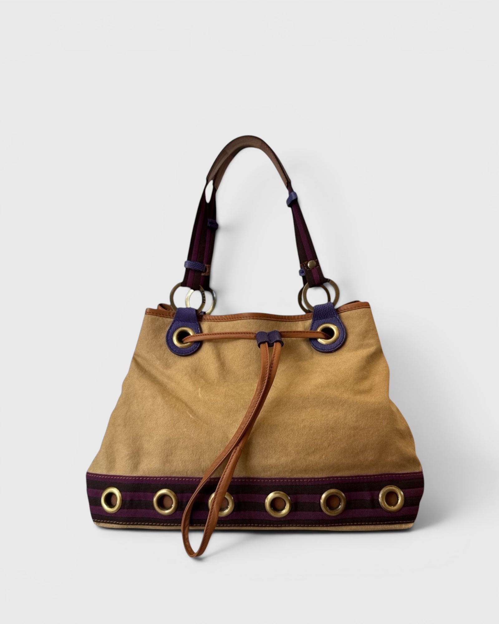 Sac vintage en toile beige et détails violets, Gianfranco Ferré