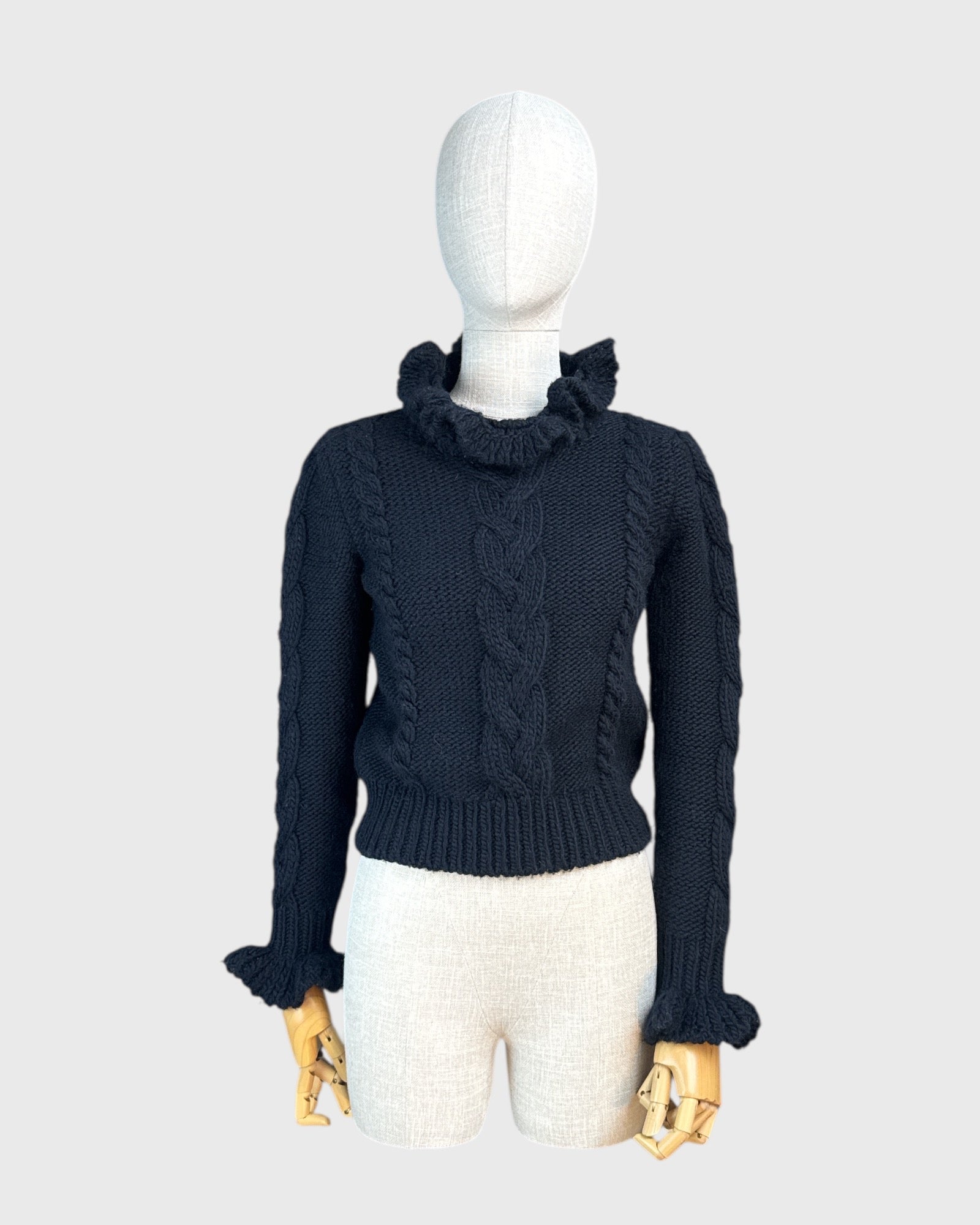 See by Chloé 100% Wool Ruffled Sweater, Black, XS