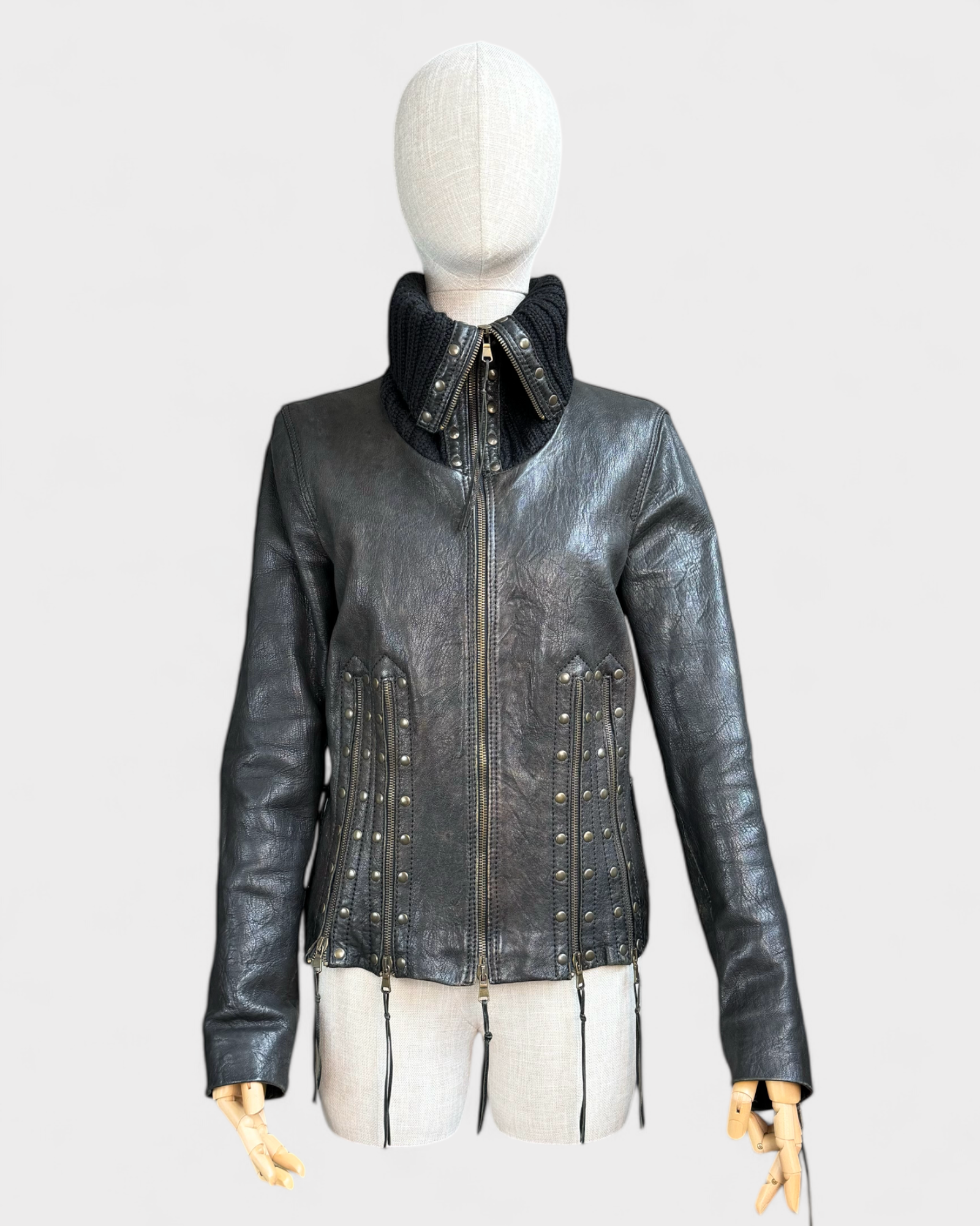 Black leather jacket with zippers, S