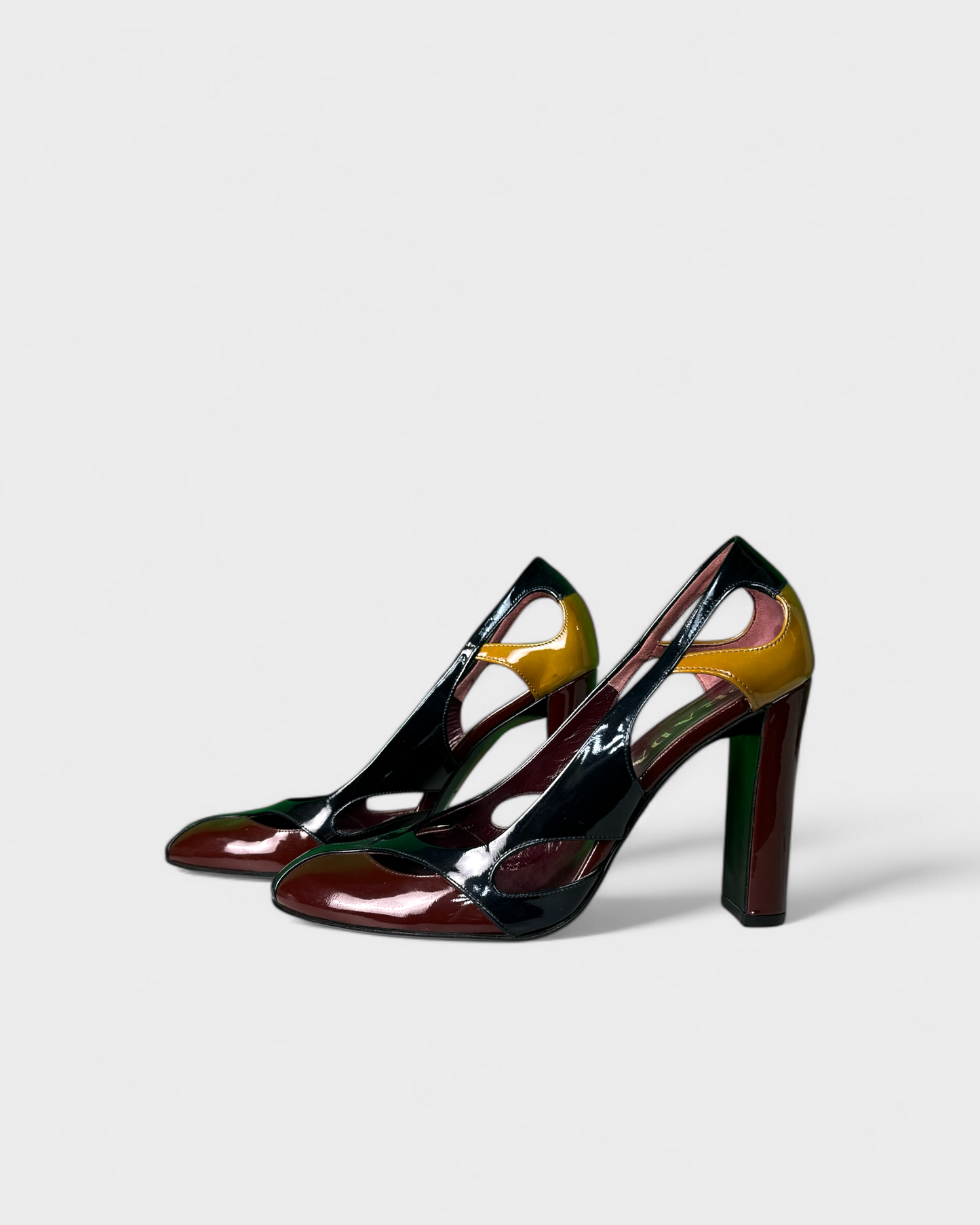 Prada black burgundy yellow patent heels