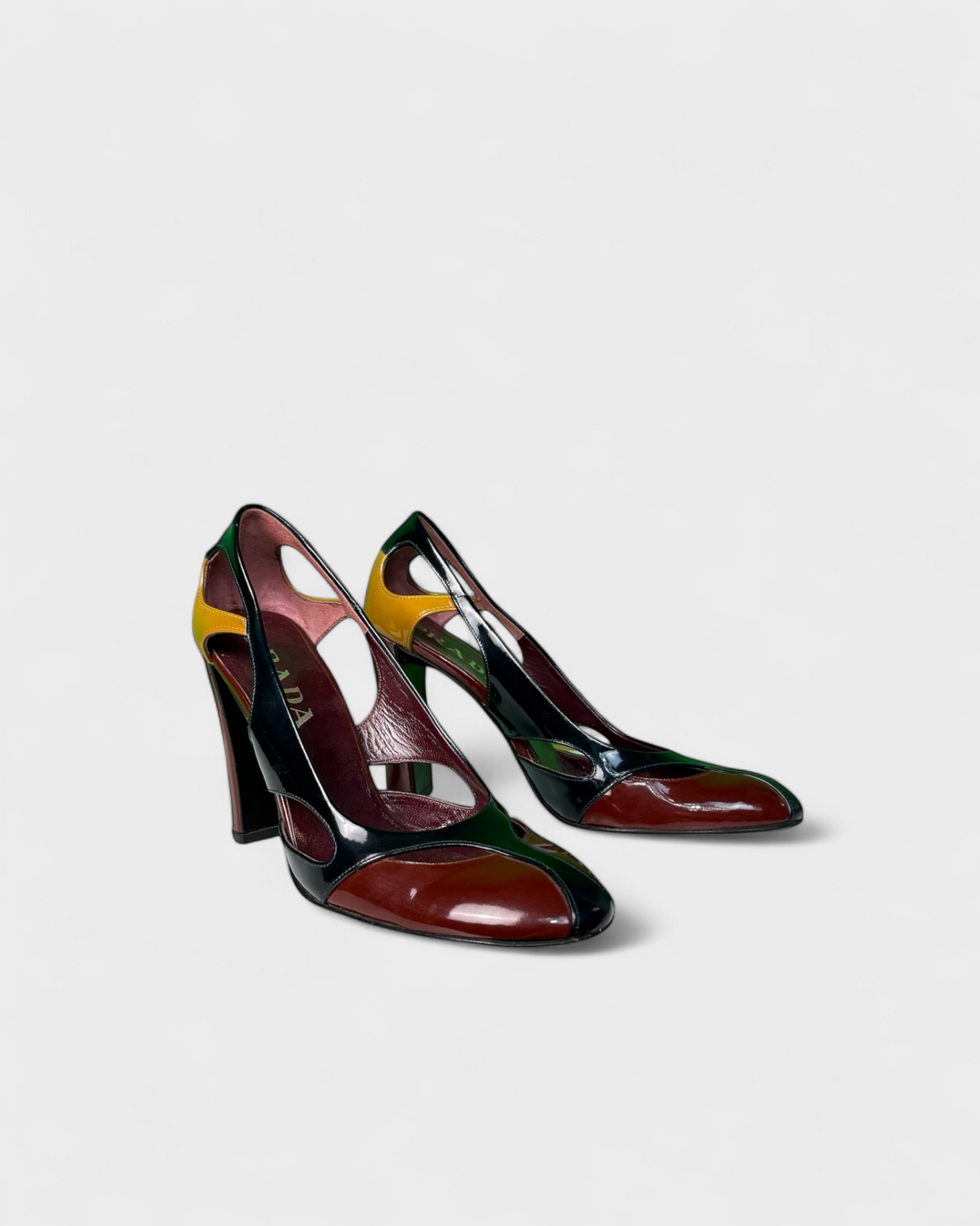 Prada black burgundy yellow patent heels