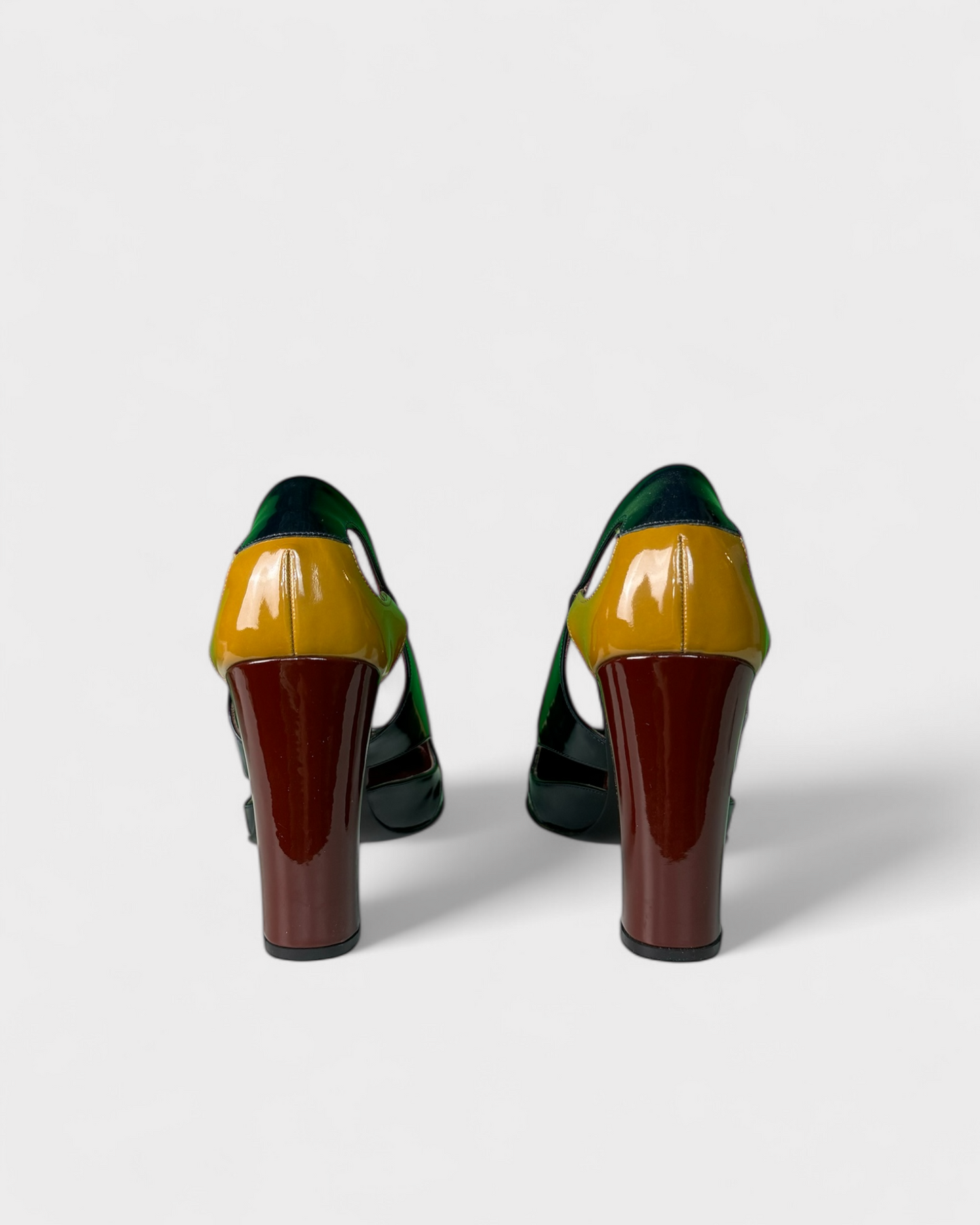 Prada black burgundy yellow patent heels