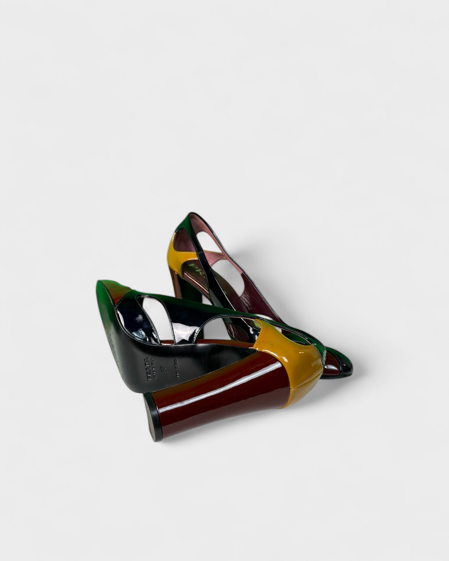 Prada black burgundy yellow patent heels