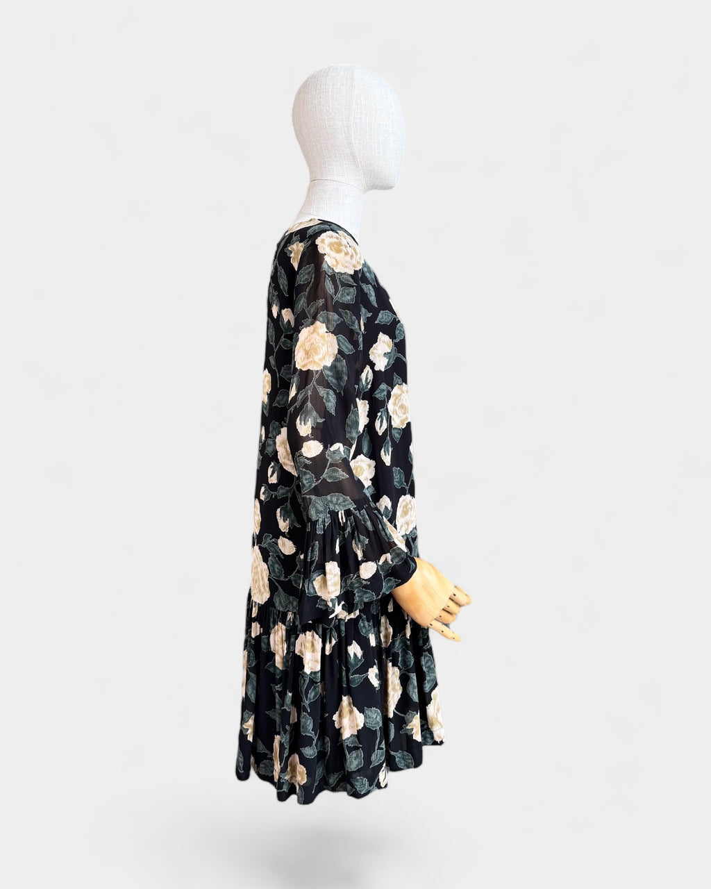 Ganni Black Floral Chiffon Flowing Dress, S