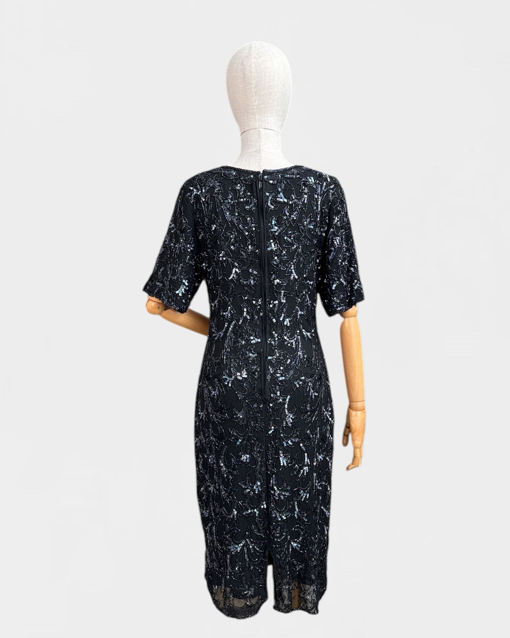 100% Silk Sequin Dress, Black Petals, S/M