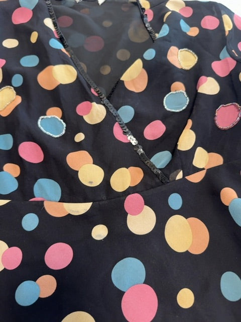 Black pink blue yellow polka dot blouse, S