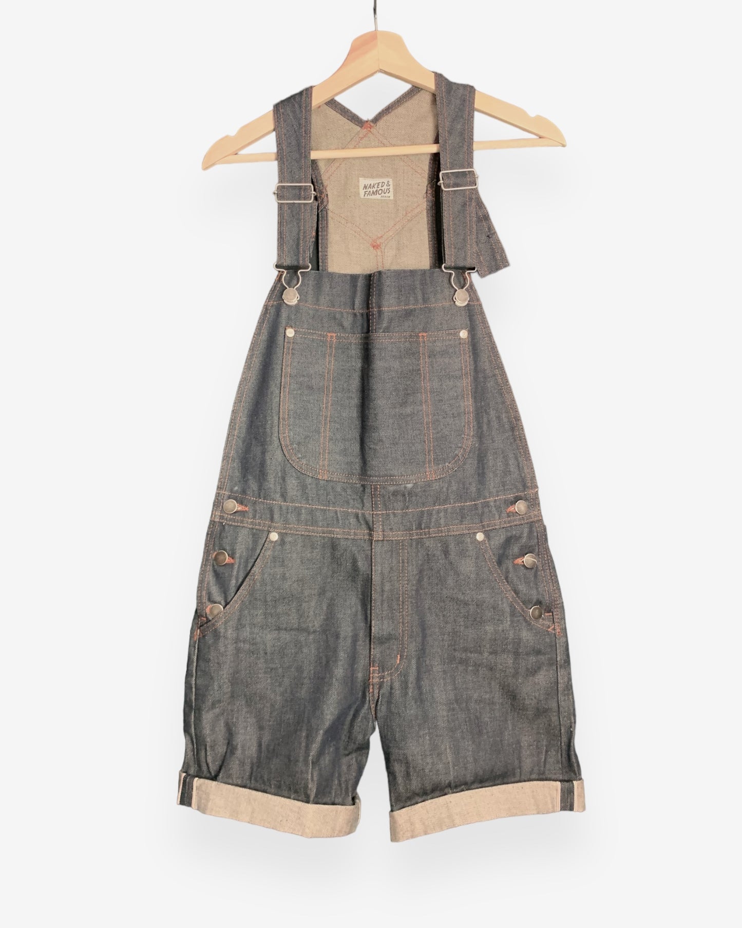 Naked and Famous denim short dungarees